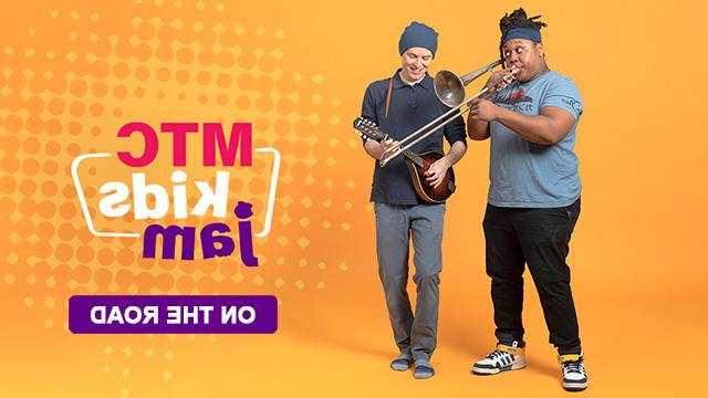 Kadesh Flow and Dino O'Dell stand next to each other while playing their instruments. They are positioned next to the words "MTC Kids Jam On the Road"