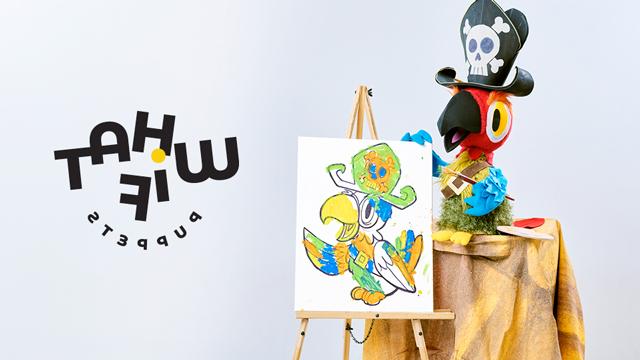 A parrot puppet and a parrot drawing next to the logo for What If Puppets